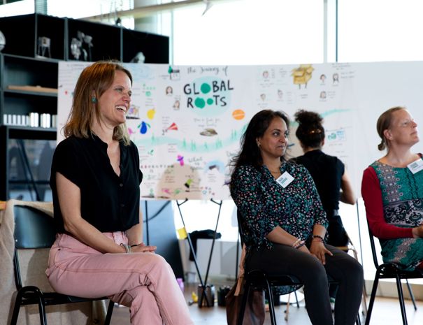 En gruppe mennesker sidder på stole med en stor tavle med forskellige tegninger og tekst i baggrunden. Teksten på tavlen inkluderer "The Journey of GLOBAL ROOTS" sammen med flere illustrationer og mindre tekststykker.